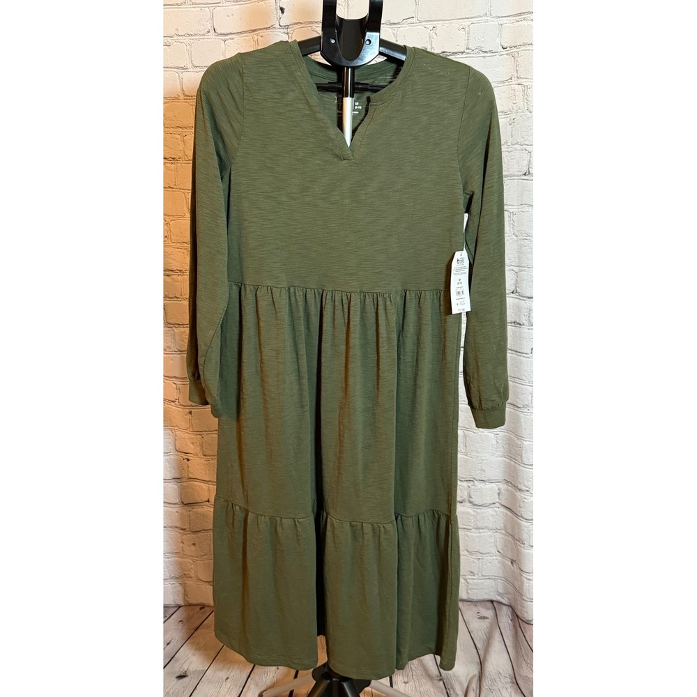 Time and Tru Womens Tiered Knit Dress Sea Turtle Green Long Sleeve Midi M 8-10